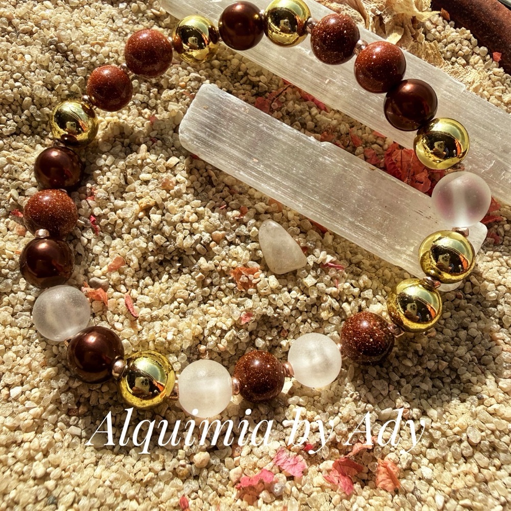 Gold, sunstone and Brown Beaded Bracelet